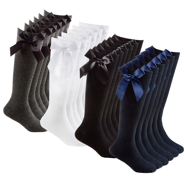 Women And Girls Knee High Bow Socks Pairs of 6 Extra Long Cotton With Satin Bow Size (9-12, 12-3, 4-6, 6-9)
